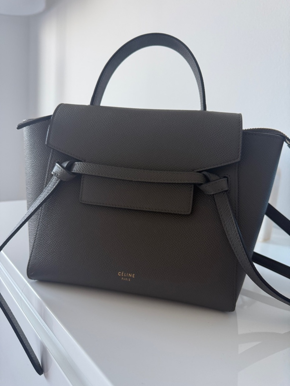 Celine Gray Pebbled Leather Tie-Handle Satchel - Picture 6 of 7